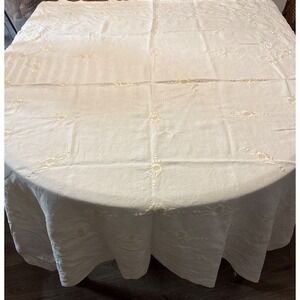Vintage Ivory Floral Embroidered Linen Tablecloth 52x62 Inches